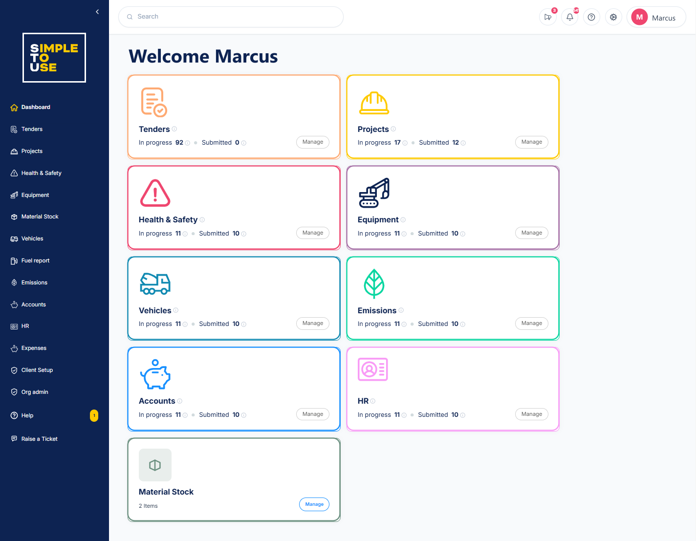 The STU dashboard, showing every module from tenders to material stock at a glance