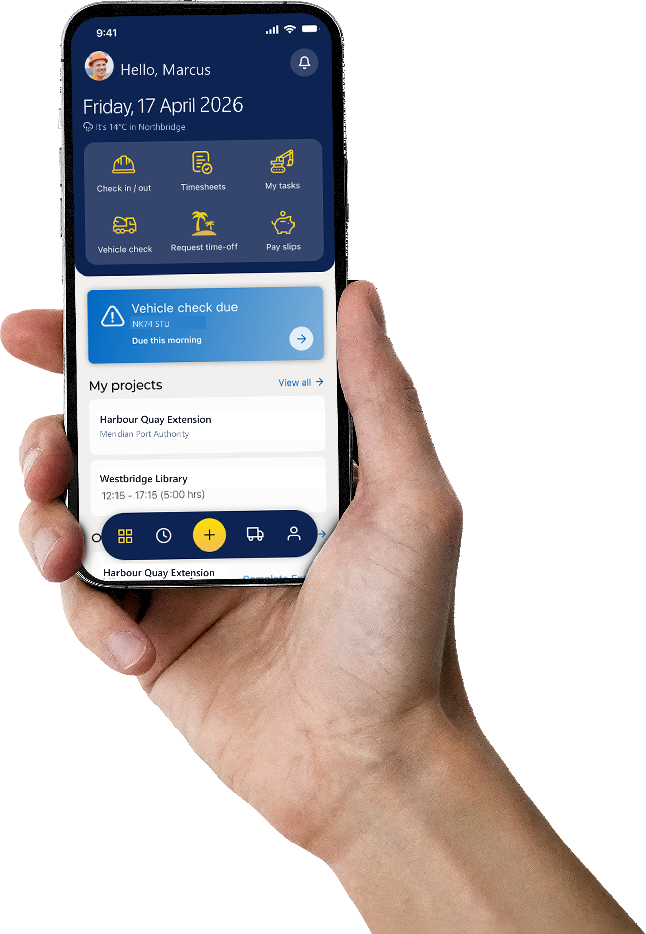 A hand holding a phone running the STU mobile app